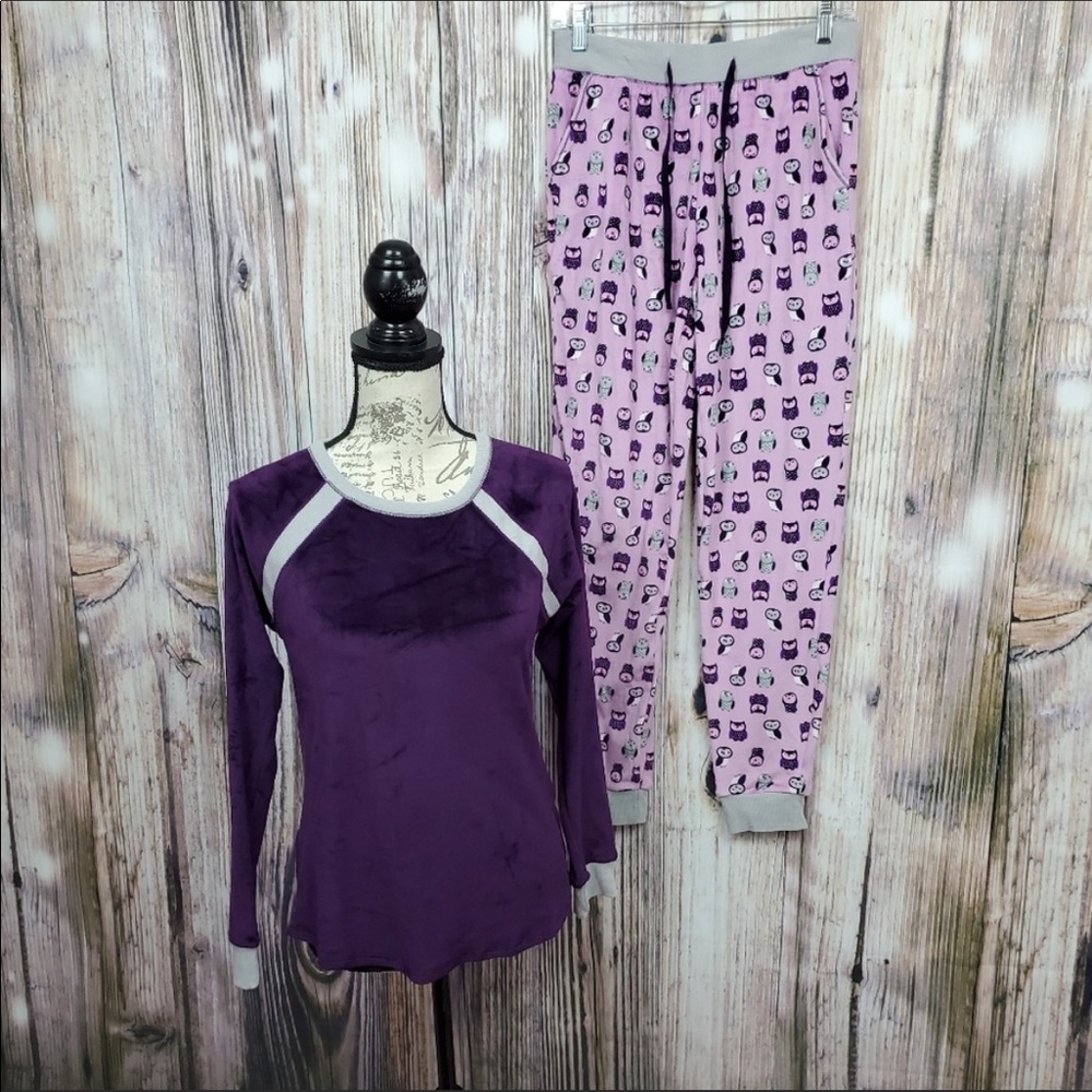 Cuddl Duds Purple Owl Print Ultra Plush Velvet Pajama Lounge Set New Size XS